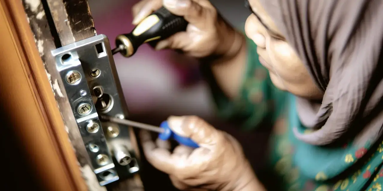 Une personne en hijab utilise un tournevis pour enlever vieux gonds d'une porte en bois.
