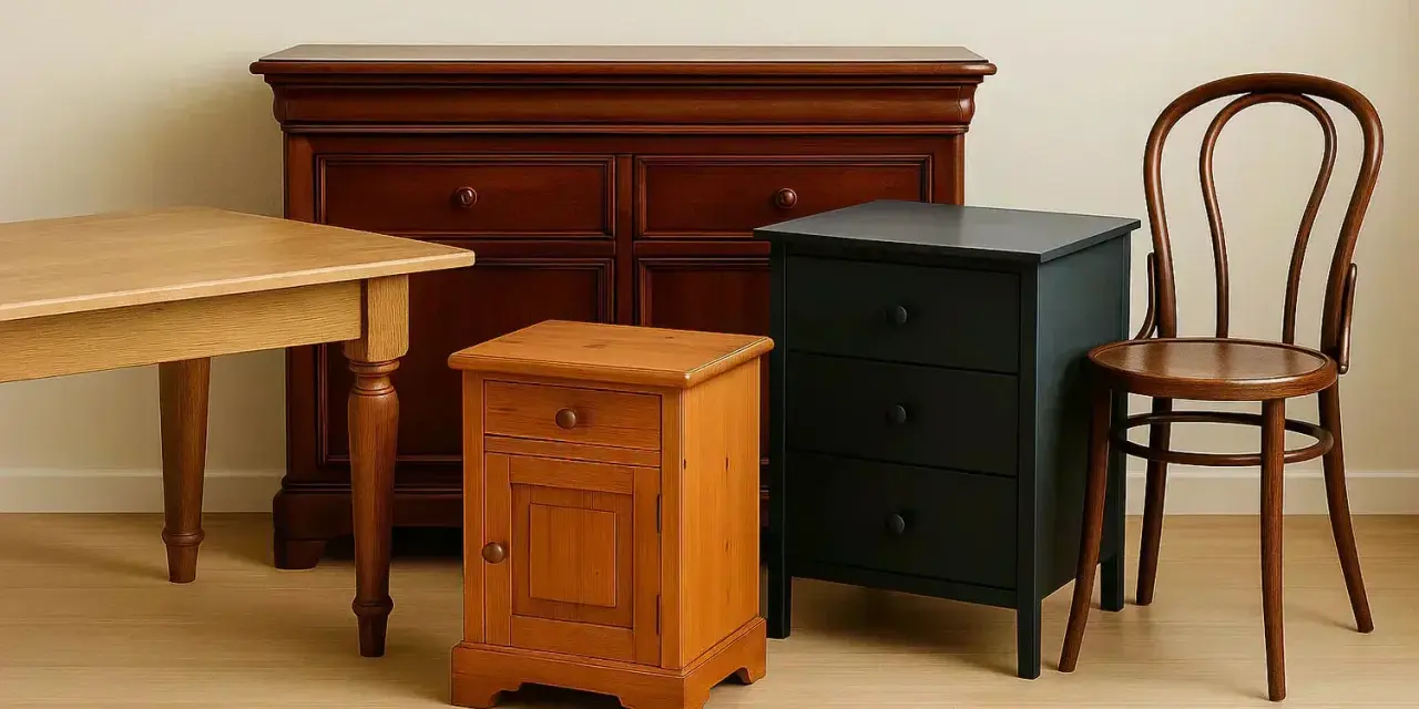 Meuble en bois, une commode sombre, une petite armoire bois miel et une chaise courbée. Idéal pour une rénovation.