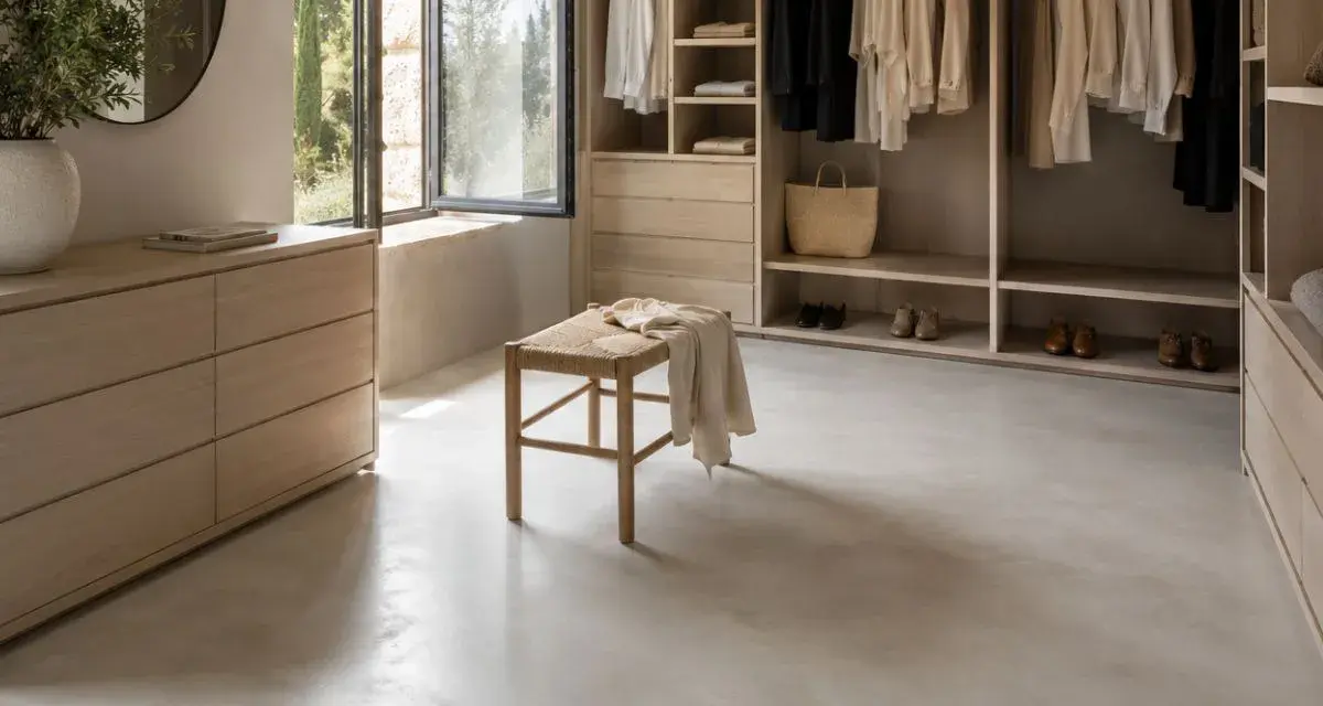 Un dressing lumineux avec un meuble en béton ciré, des vêtements suspendus et un banc en bois.