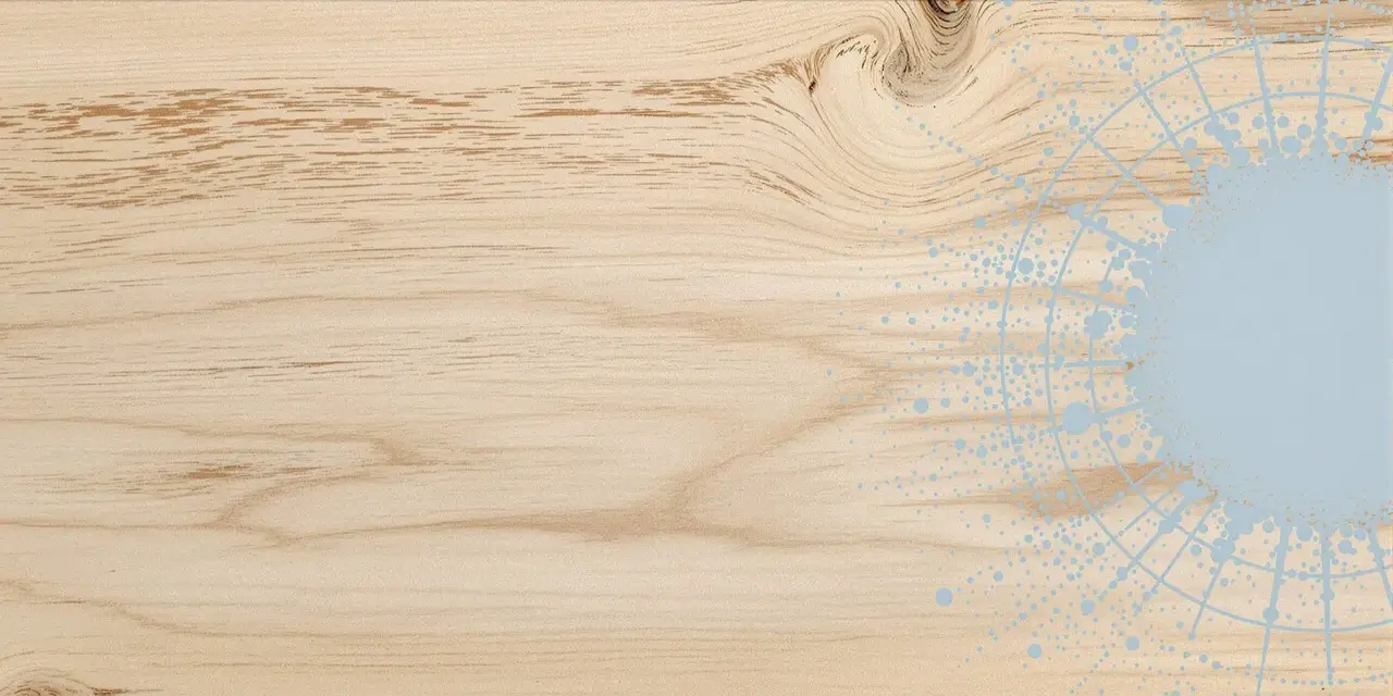 Nuancier saturateur bois : un fond de bois clair avec des motifs abstraits bleus rappelant des éclaboussures et des cercles.