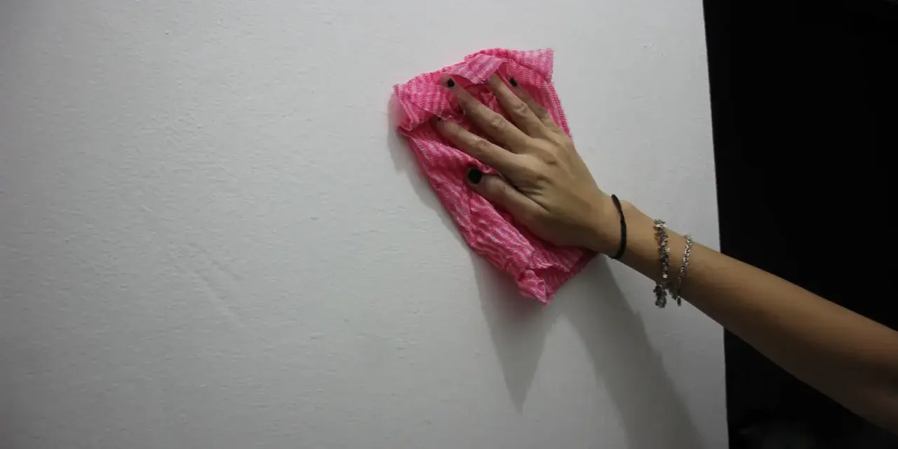 Main tenant une lingette rose pour nettoyer un mur. Une astuce pour savoir comment enlever de la colle forte sur un mur.