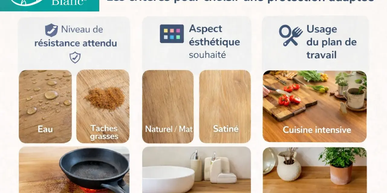 Critères pour un traitement bois brut intérieur : résistance à l'eau, taches, chaleur, aspect naturel ou satiné, usage intensif ou décoratif.