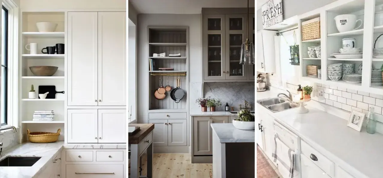 Idées pour relooker porte placard cuisine : cuisines claires avec rangements ouverts et fermés, vaisselle et accessoires décoratifs.