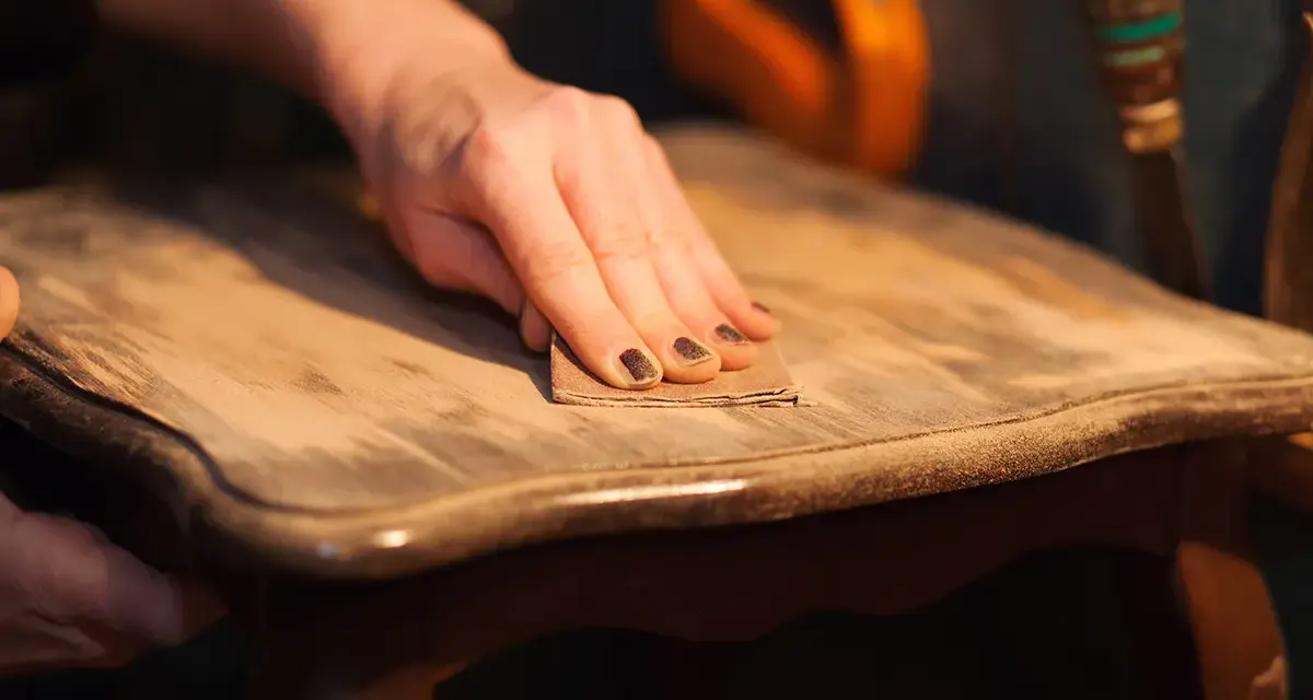 Main poncée pour enlever vernis bois. Le bicarbonate de soude peut aider à décaper.