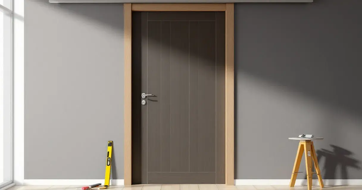 Installation d'une porte coulissante. La dimension ouverture pour porte coulissante de 73 est prête. Outils de mesure à proximité.
