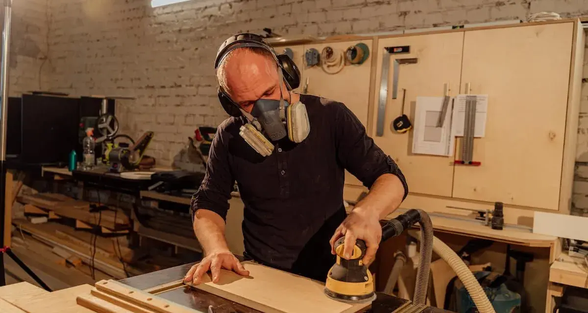 Un artisan apprend comment utiliser une ponceuse pour lisser une planche de bois. Il porte un masque et des écouteurs pour sa sécurité.