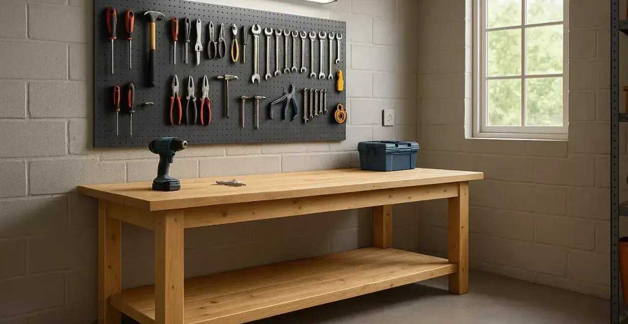 Un établi de garage en bois, prêt pour vos projets. La dimension parfaite pour organiser vos outils sur le panneau perforé.