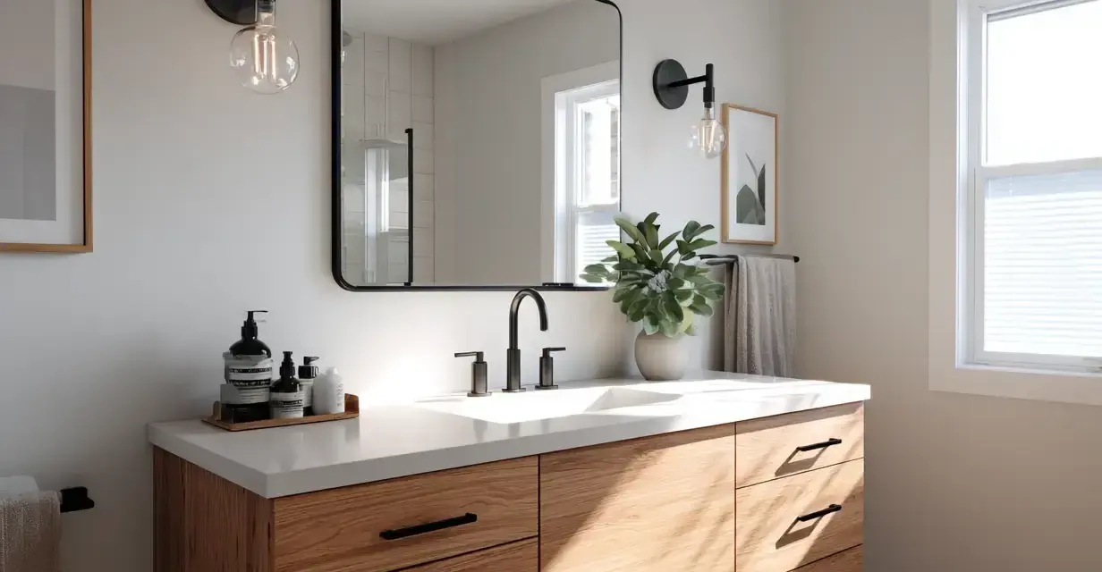 Une salle de bain moderne avec un meuble-lavabo en bois clair, un grand miroir, des luminaires industriels et une plante verte. Idéal pour peindre une salle de bain.