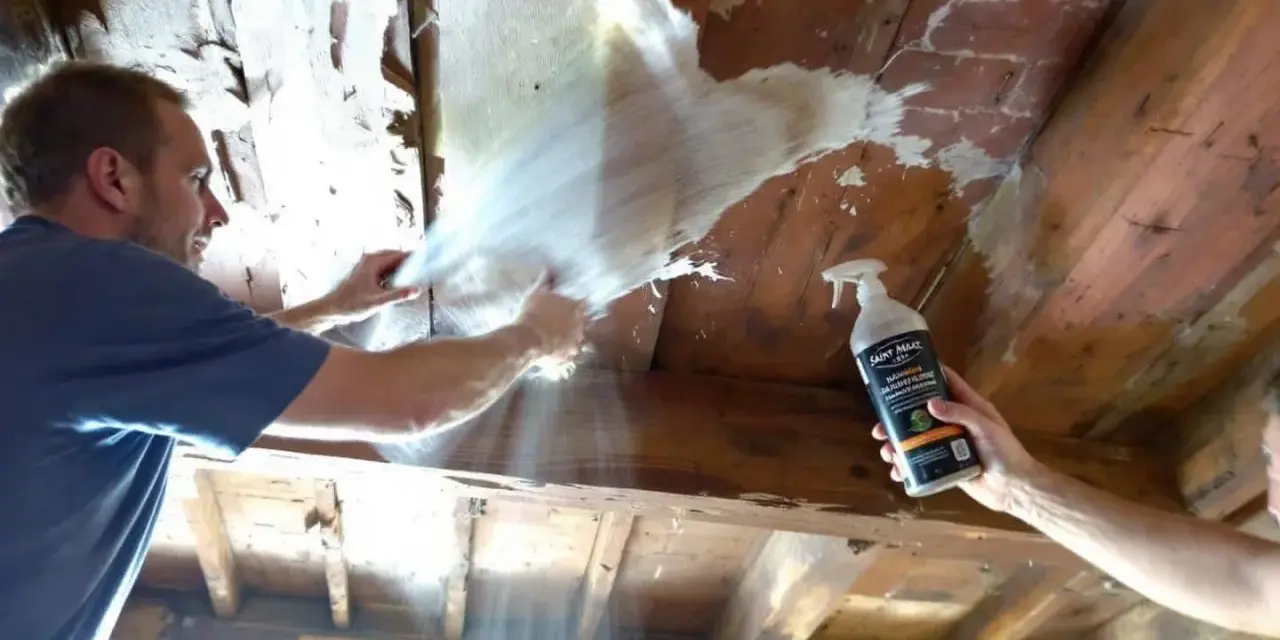 Un homme utilise un produit pour nettoyer des poutres en bois, retirant une vieille couche de revêtement.