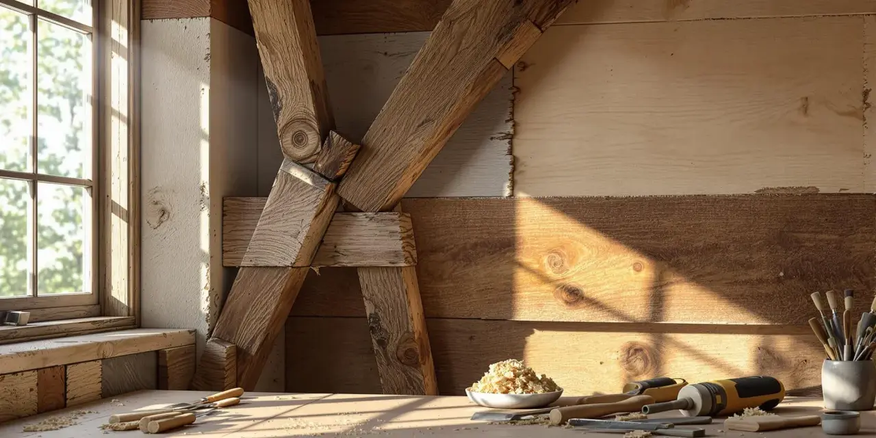 Atelier de menuiserie, outils et copeaux de bois sur un établi, près d'une fenêtre baignée de soleil. Le traitement des poutres anciennes est visible en arrière-plan.