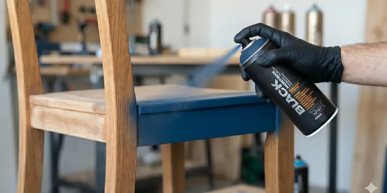 Main d'une personne portant un gant noir en train de peindre un meuble en bois avec une bombe de peinture bleue.