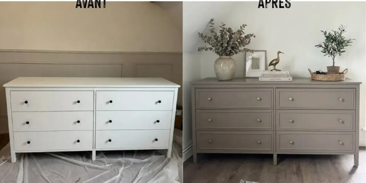 Avant/après : un relooking meuble réussi. La commode blanche devient taupe, plus chic, avec de nouvelles poignées dorées.