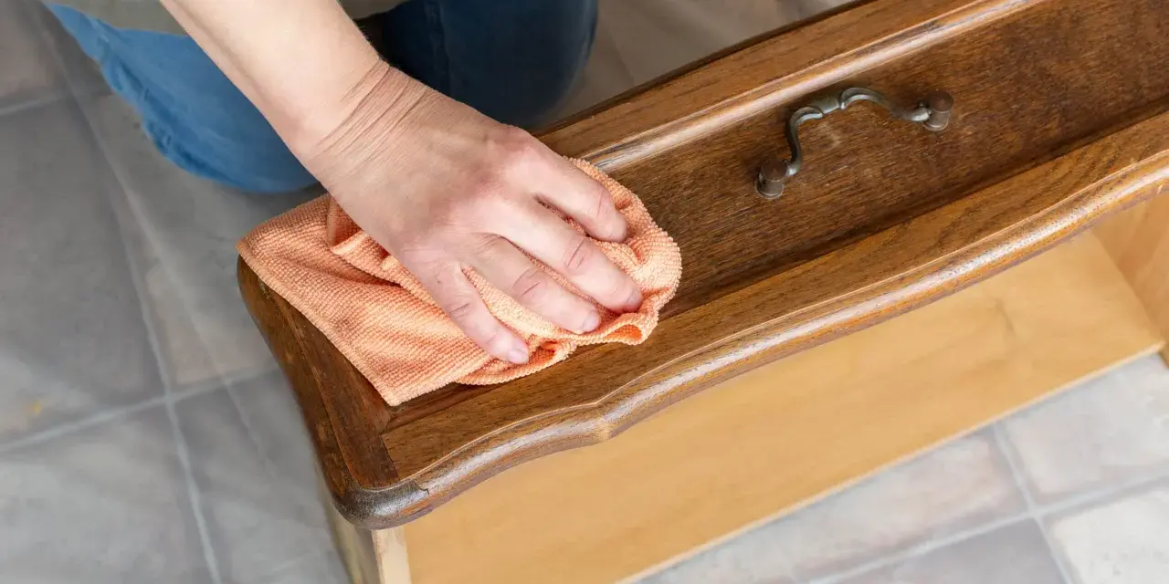 Maintenant, je sais comment nettoyer un meuble avant de le peindre. Une main passe un chiffon orange sur un tiroir en bois verni.