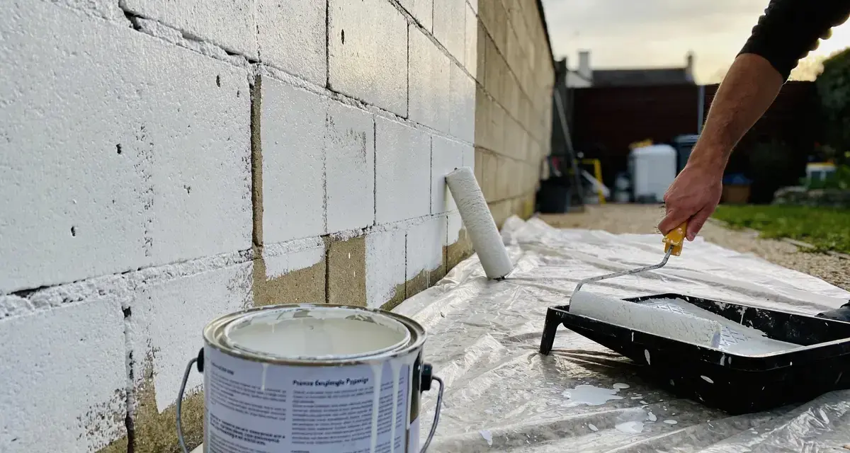 Application de peinture blanche sur un mur de parpaings avec un rouleau. Le travail est en cours, une boîte de peinture est visible.