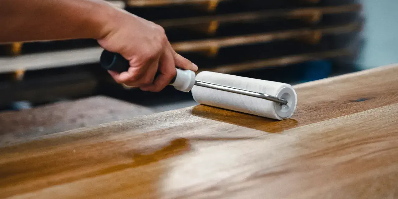 Main d'artisan appliquant une couche de vernis pour vitrifier un plan de travail en bois.