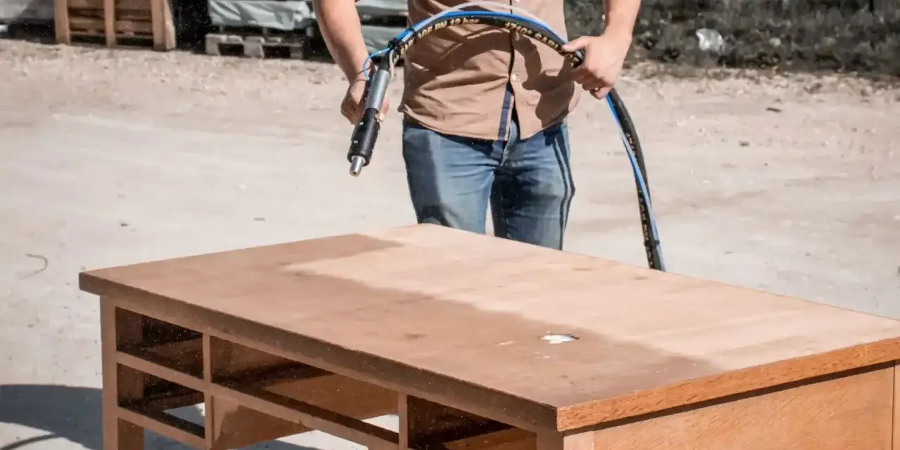 Un homme utilise un appareil pour le décapage chimique bois d'un bureau. La moitié de la surface est déjà propre.