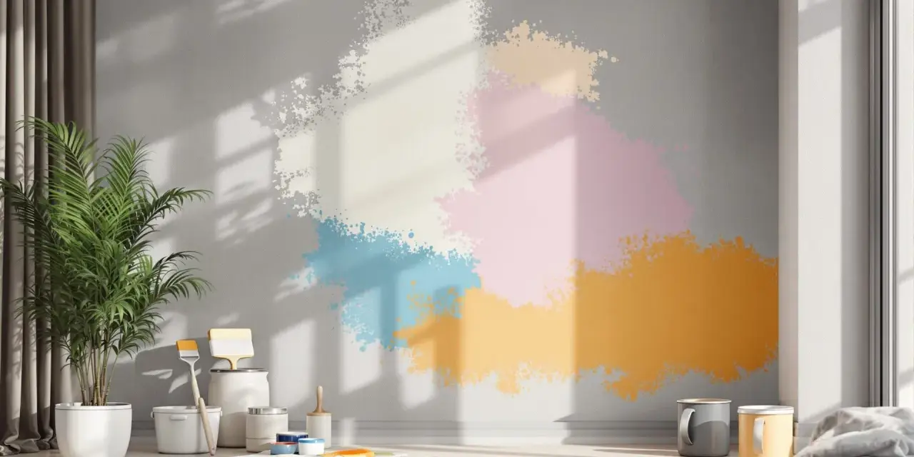 Peinture sur mur ciment intérieur avec des éclaboussures de couleurs vives. Des pots de peinture et des pinceaux sont disposés au sol, prêts pour un projet créatif.