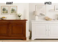Avant/Après : un meuble buffet en bois verni transformé en blanc lumineux. Une belle rénovation pour ce meuble bois.