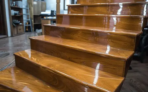 Escalier en bois au fini brillant, reflétant la lumière. La vitrification de l'escalier lui donne un aspect lustré et protecteur.