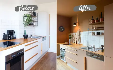 Avant/après : cuisine modernisée. Les meubles de cuisine blancs ont été repeints en taupe, transformant l'espace.