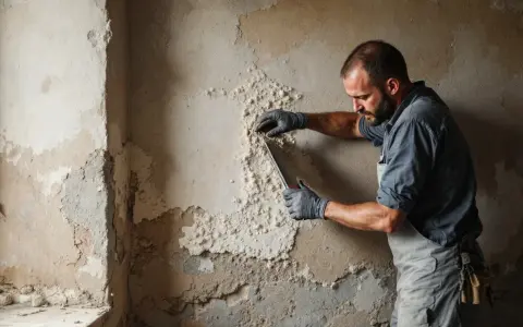 Un homme enlève un crépi intérieur abîmé avec une spatule. Il porte des gants et une salopette.