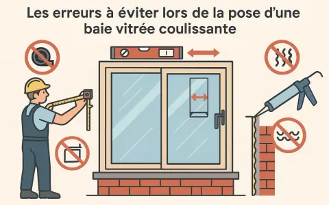 Un ouvrier mesure la hauteur d'ouverture d'une porte coulissante. Des symboles indiquent des erreurs à éviter lors de la pose.