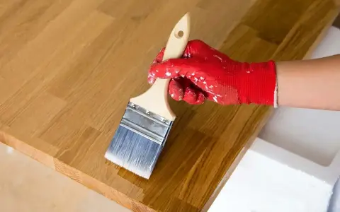Application d'huile de lin sur un plateau en bois de douglas. La main gantée de rouge applique le produit avec un pinceau.