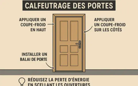 Illustration montrant comment isoler une porte : appliquer un coupe-froid en haut et sur les côtés, installer un balai de porte pour réduire la perte d'énergie.