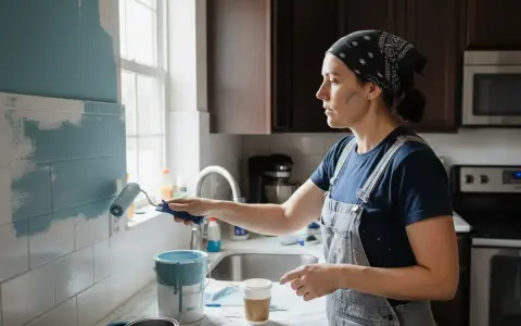 Une femme en salopette repeint sa cuisine avec un rouleau bleu pâle. La transformation de la cuisine repeinte est en cours.