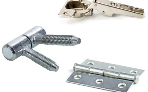 Trois types de charnières pour meuble : une charnière de placard, une charnière à vis et une charnière plate.