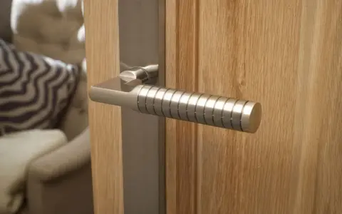 Composition d'une poignée de porte moderne en métal brossé sur une porte en bois clair. Le manche est strié pour une meilleure prise.