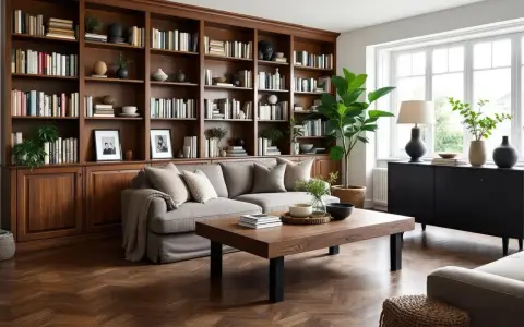 Salon cosy avec bibliothèque en bois, mélange bois clair et bois foncé. Canapé gris, table basse en bois, plantes vertes.
