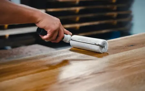 Application d'une finition sur un plateau en bois de manguier, assurant son entretien et sa beauté.