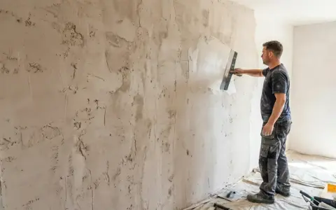 Un ouvrier applique du plâtre sur un mur avec une truelle, prêt à gratter le mur pour une finition lisse.