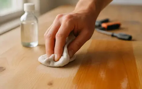 Main d'une personne utilisant un chiffon pour enlever le vernis bois naturellement. Une bouteille de liquide est à côté.