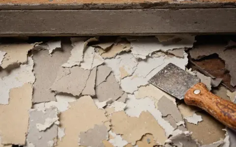 Un grattoir à peinture, avec son manche en bois, est posé sur des morceaux de **peinture qui s'enlève facilement**, révélant le support en dessous.