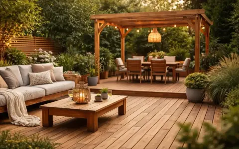 Terrasse en bois massif qualité, salon d'extérieur confortable sous pergola, table à manger et éclairage d'ambiance.