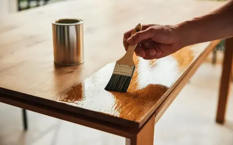 Main d'un artisan appliquant du vernis pour customiser et relooker une table en bois.