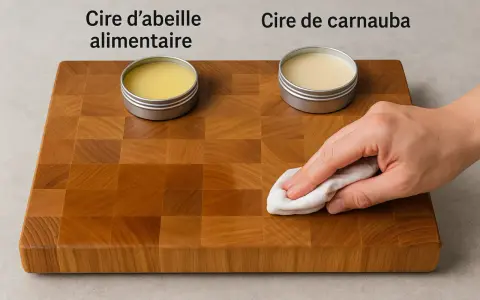 Application de cire d'abeille ou de carnauba sur une planche à découper en bois pour la protéger et la faire briller.