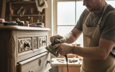 Artisan ponce un meuble ancien, le laissant brut pour révéler sa beauté naturelle. La poussière de bois vole autour de lui.