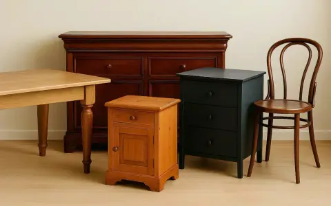 Meuble en bois, une commode sombre, une petite armoire bois miel et une chaise courbée. Idéal pour une rénovation.