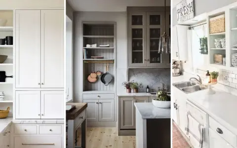 Idées pour relooker porte placard cuisine : cuisines claires avec rangements ouverts et fermés, vaisselle et accessoires décoratifs.