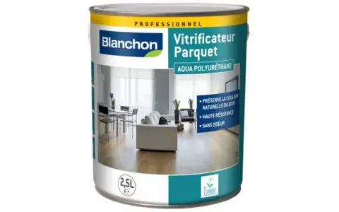 Boîte de vitrificateur parquet Blanchon Aqua Polyuréthane. Idéal pour 2 ou 3 couches de protection durable et sans odeur.