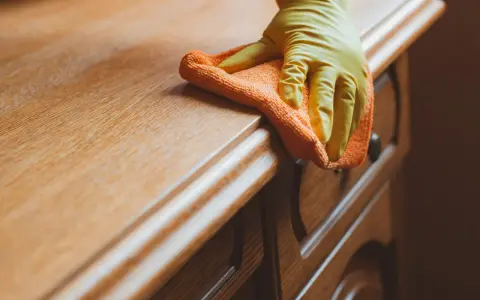 Main d'une personne portant un gant jaune, essuyant un meuble en bois avec un chiffon orange. La qualité du bois est mise en valeur par la lumière.