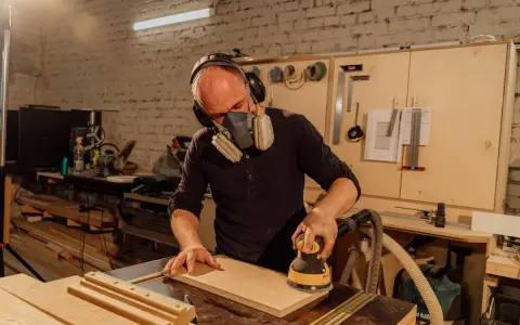 Un artisan apprend comment utiliser une ponceuse pour lisser une planche de bois. Il porte un masque et des écouteurs pour sa sécurité.