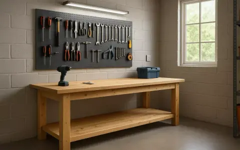 Un établi de garage en bois, prêt pour vos projets. La dimension parfaite pour organiser vos outils sur le panneau perforé.