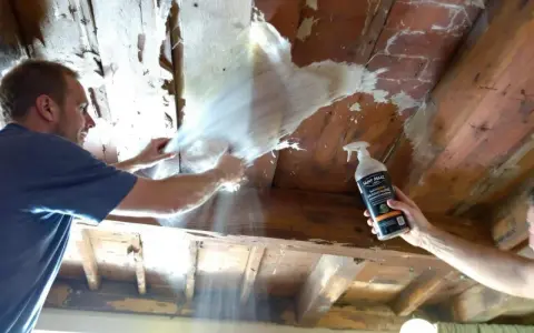 Un homme utilise un produit pour nettoyer des poutres en bois, retirant une vieille couche de revêtement.