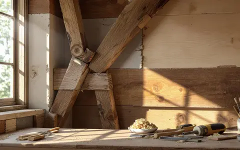 Atelier de menuiserie, outils et copeaux de bois sur un établi, près d'une fenêtre baignée de soleil. Le traitement des poutres anciennes est visible en arrière-plan.