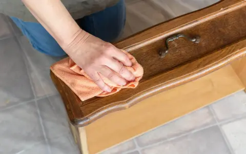 Maintenant, je sais comment nettoyer un meuble avant de le peindre. Une main passe un chiffon orange sur un tiroir en bois verni.
