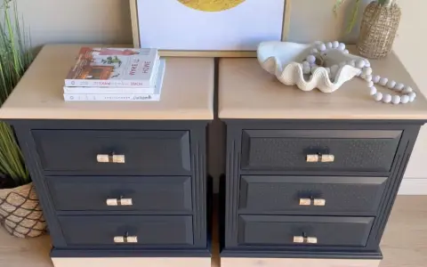 Deux commodes relookées noir et bois, avec des poignées en rotin, des livres et une coquille décorative.
